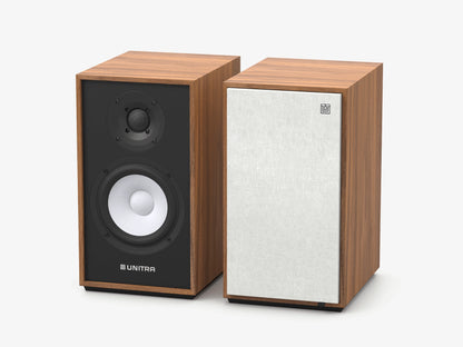 Unitra ZGB-401 bookshelf speakers in walnut on a white background