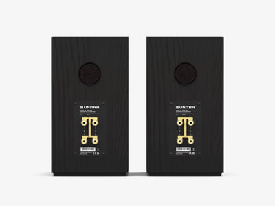 Unitra ZGB-401 bookshelf speakers in black on a white background