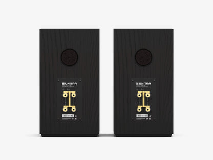 Unitra ZGB-401 bookshelf speakers in black on a white background
