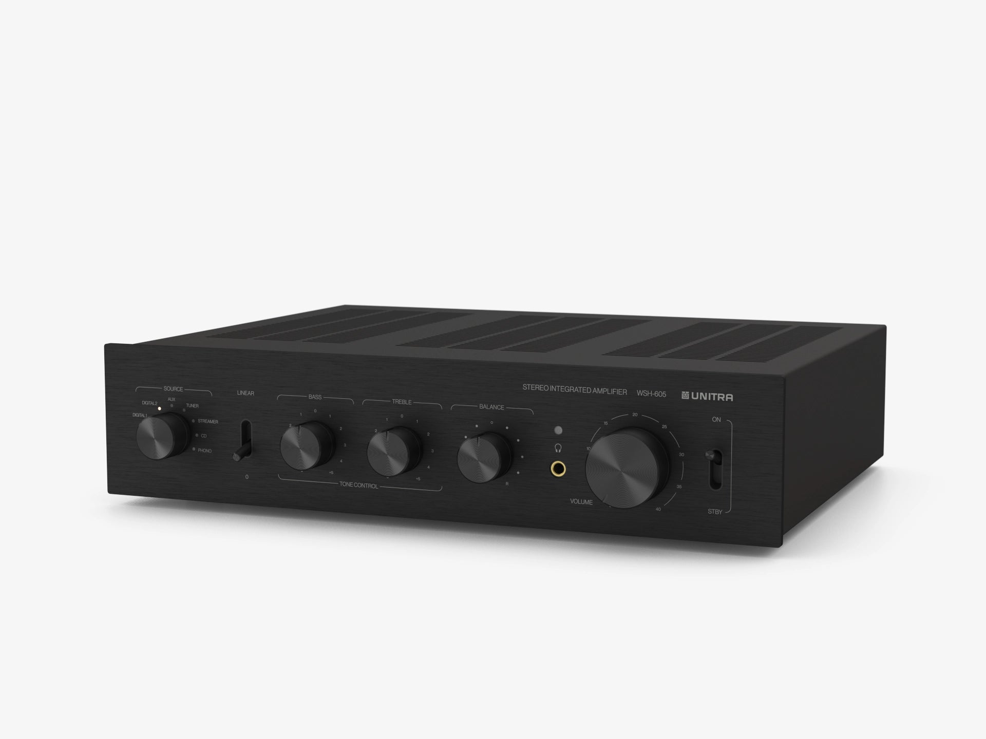 Unitra DSH-605 black audio amplifier on a white background