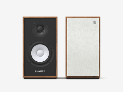 Unitra ZGB-401 bookshelf speakers in walnut on a white background