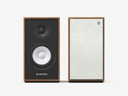 Unitra ZGB-401 bookshelf speakers in walnut on a white background