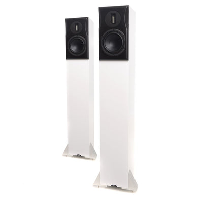 A pair of Neat Ekstra tower speakers with white cabinets and black grills